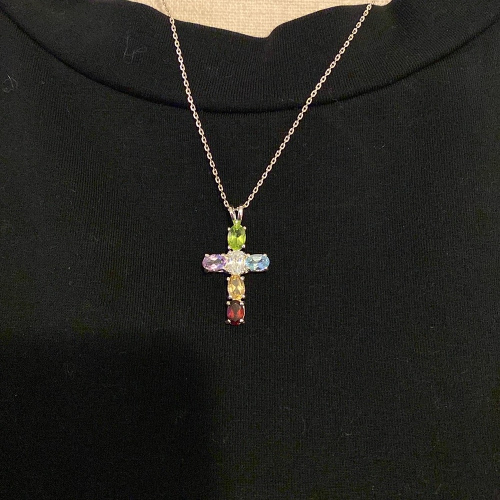 Multi gem cross pendant with silver chain